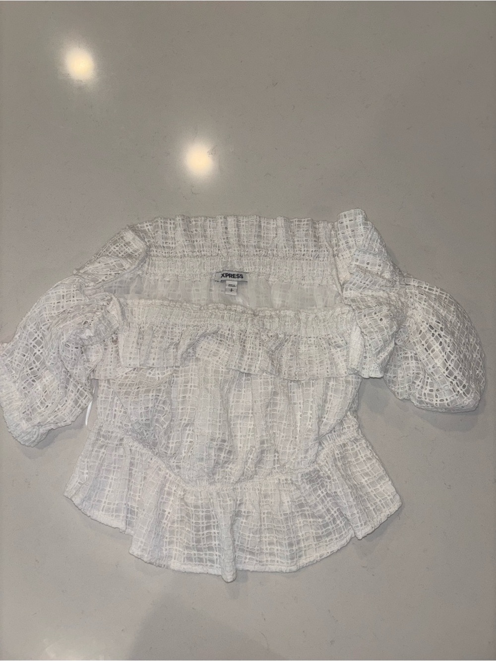 Express White Off-Shoulder Lace-Style Peplum Blouse